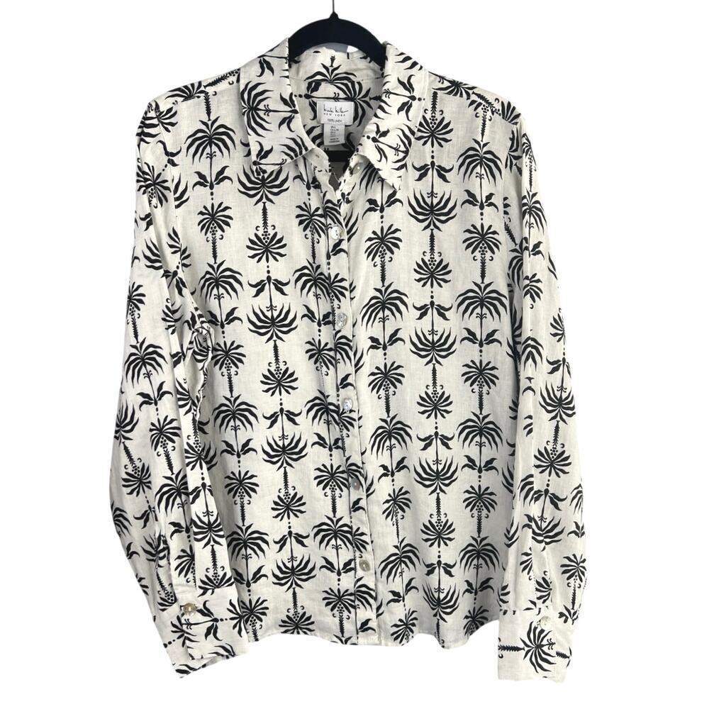 Nicole Miller 100% Linen Black and White Long Sleeve Button Down Size L